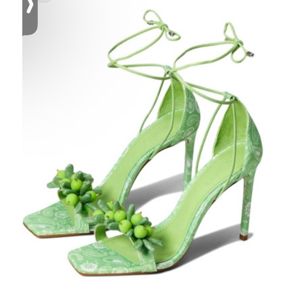 SCHUTZ Shoes - Schutz Sandals High Heel 4.5" Green Jeweled Front Ankle Wrap Size 5B